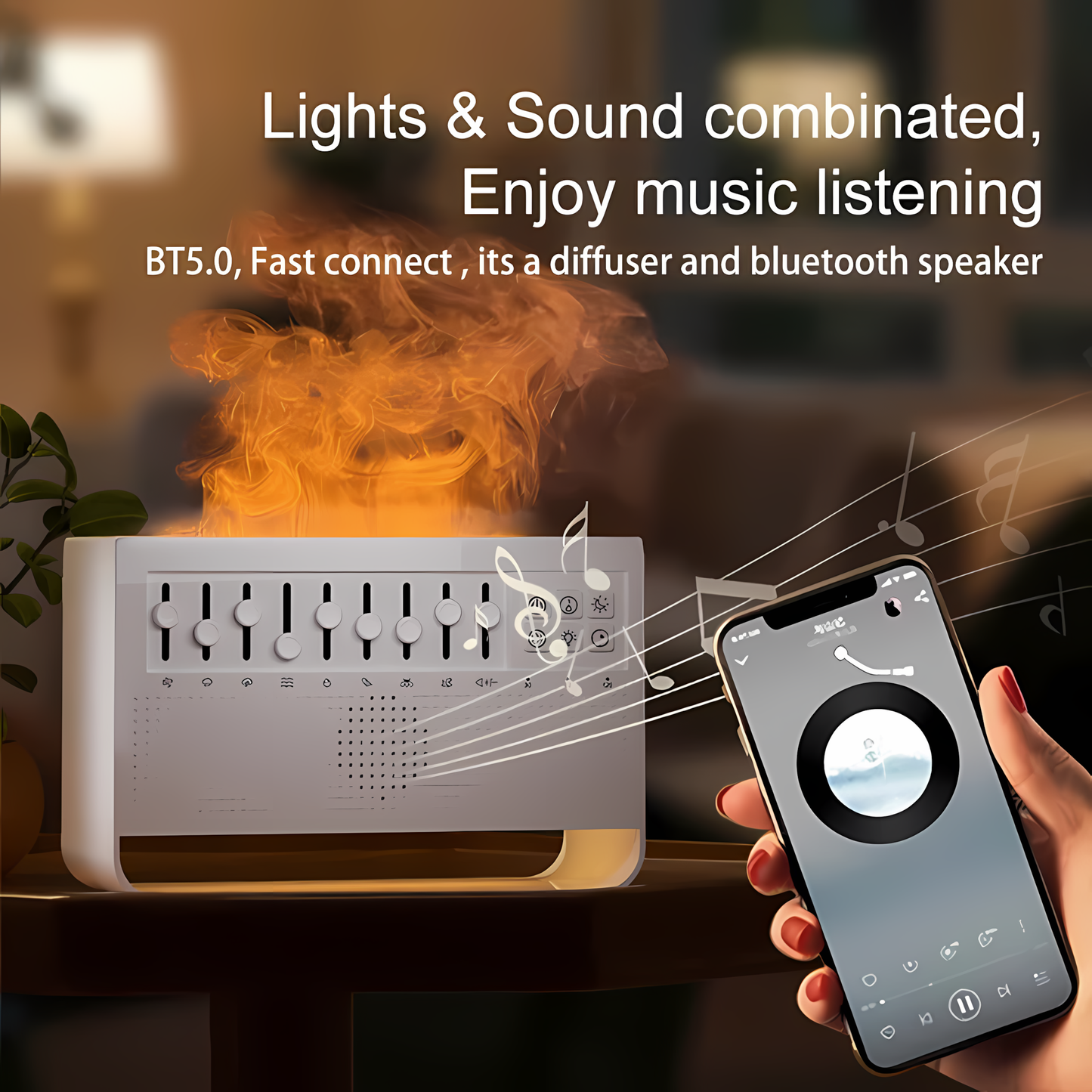 3-in-1 Diffuser with Flame, White Noise and Bluetooth – Ideal for Nighttime Rest