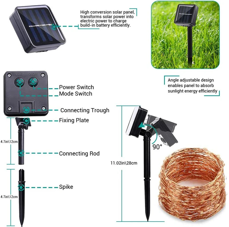 LED Solar Garden Lights - Waterproof Fairy String Lights with Flashing Effect for Christmas, Patio, Tree or Party - 6m / 12m / 23m / 33m