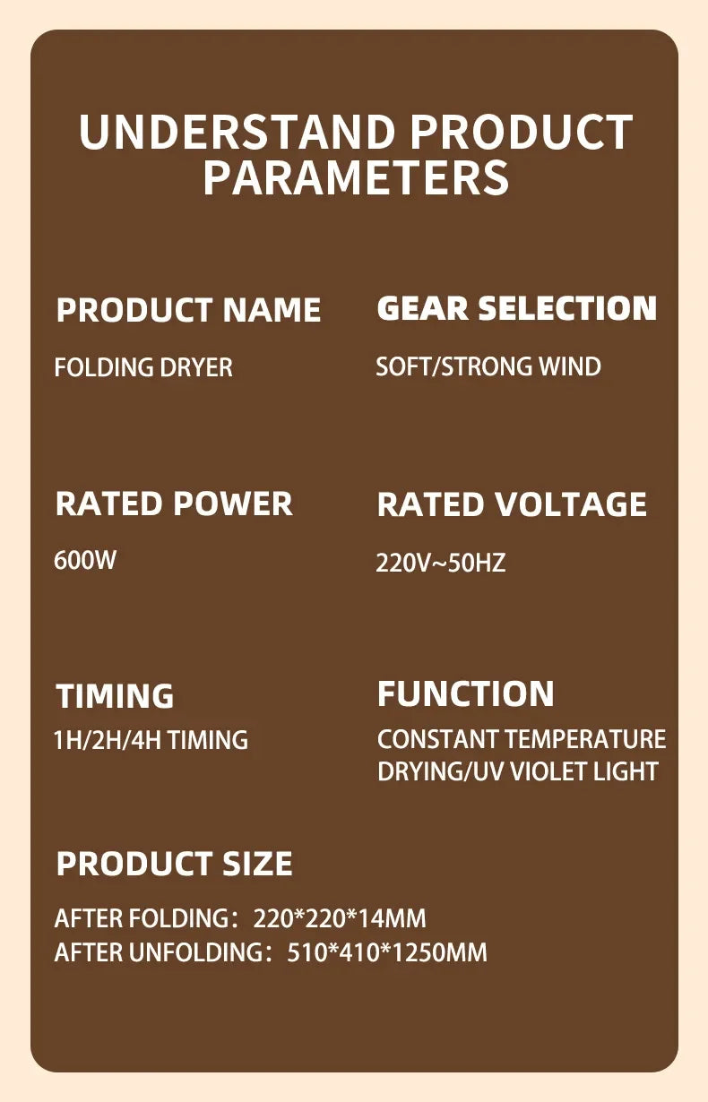 600W Portable Electric Clothes Dryer with Timer – Foldable for Home and Travel (220V)