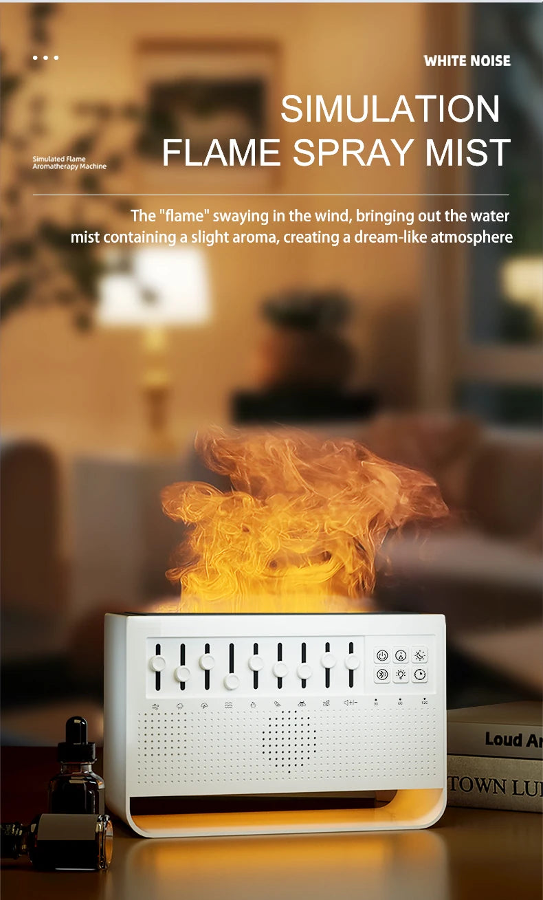3-in-1 Diffuser with Flame, White Noise and Bluetooth – Ideal for Nighttime Rest