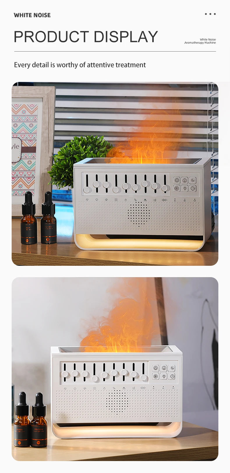 3-in-1 Diffuser with Flame, White Noise and Bluetooth – Ideal for Nighttime Rest