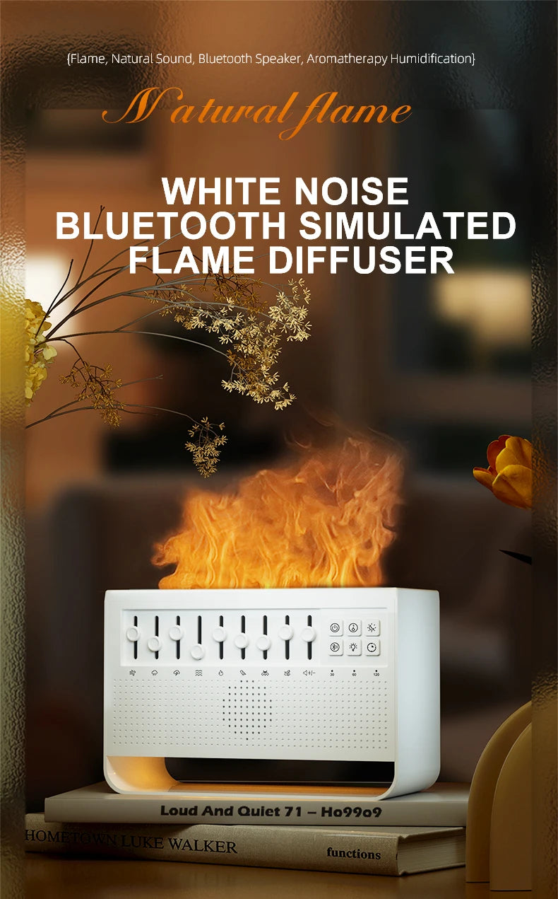 3-in-1 Diffuser with Flame, White Noise and Bluetooth – Ideal for Nighttime Rest