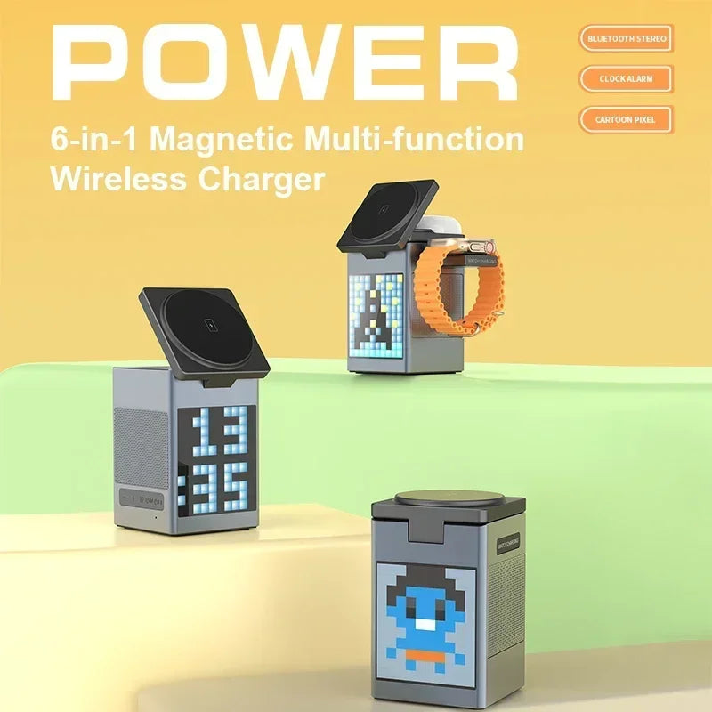 6-in-1 Wireless Charging Station with Bluetooth Speaker, Alarm Clock, and Stand for iPhone, Apple Watch, and AirPods | Compatible with MagSafe