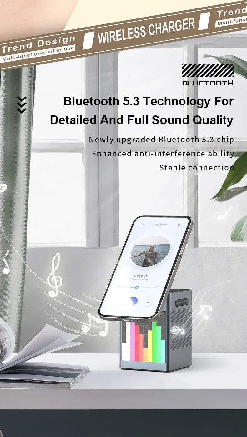 6-in-1 Wireless Charging Station with Bluetooth Speaker, Alarm Clock, and Stand for iPhone, Apple Watch, and AirPods | Compatible with MagSafe