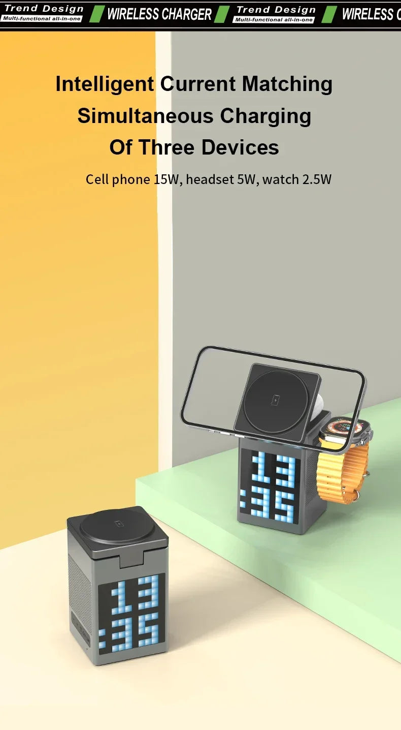 6-in-1 Wireless Charging Station with Bluetooth Speaker, Alarm Clock, and Stand for iPhone, Apple Watch, and AirPods | Compatible with MagSafe
