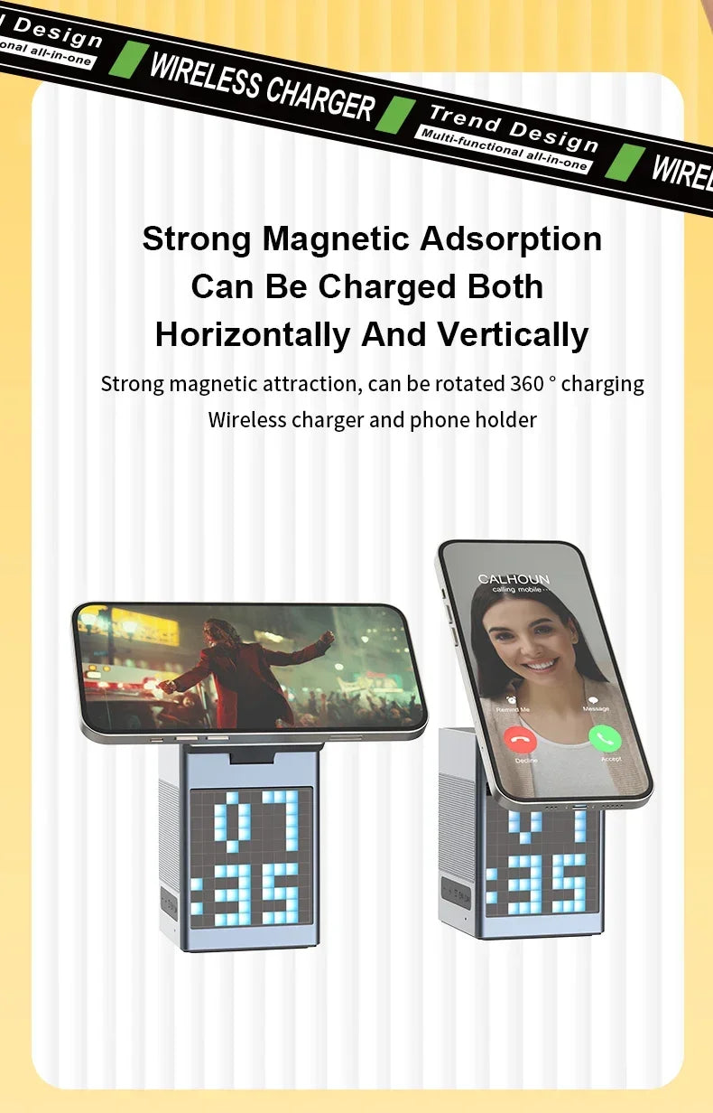 6-in-1 Wireless Charging Station with Bluetooth Speaker, Alarm Clock, and Stand for iPhone, Apple Watch, and AirPods | Compatible with MagSafe