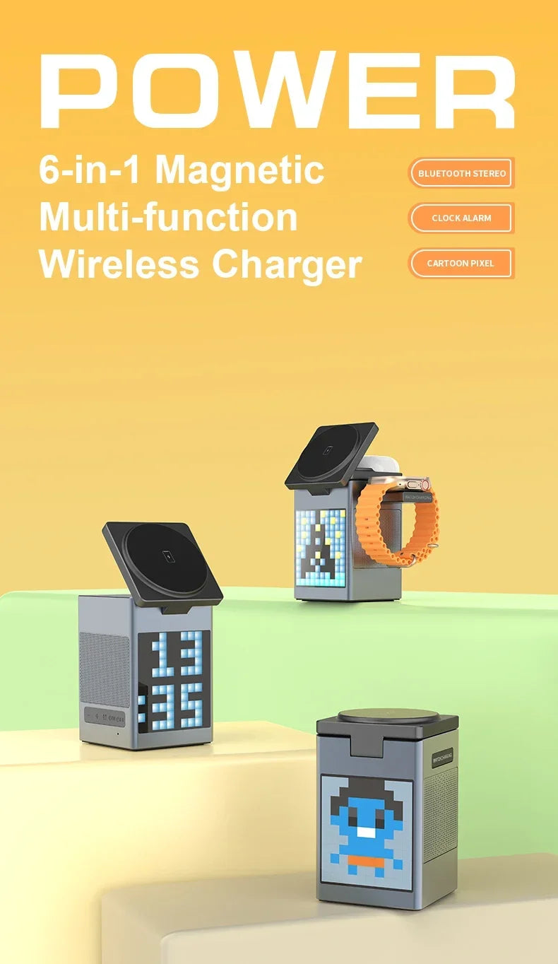 6-in-1 Wireless Charging Station with Bluetooth Speaker, Alarm Clock, and Stand for iPhone, Apple Watch, and AirPods | Compatible with MagSafe