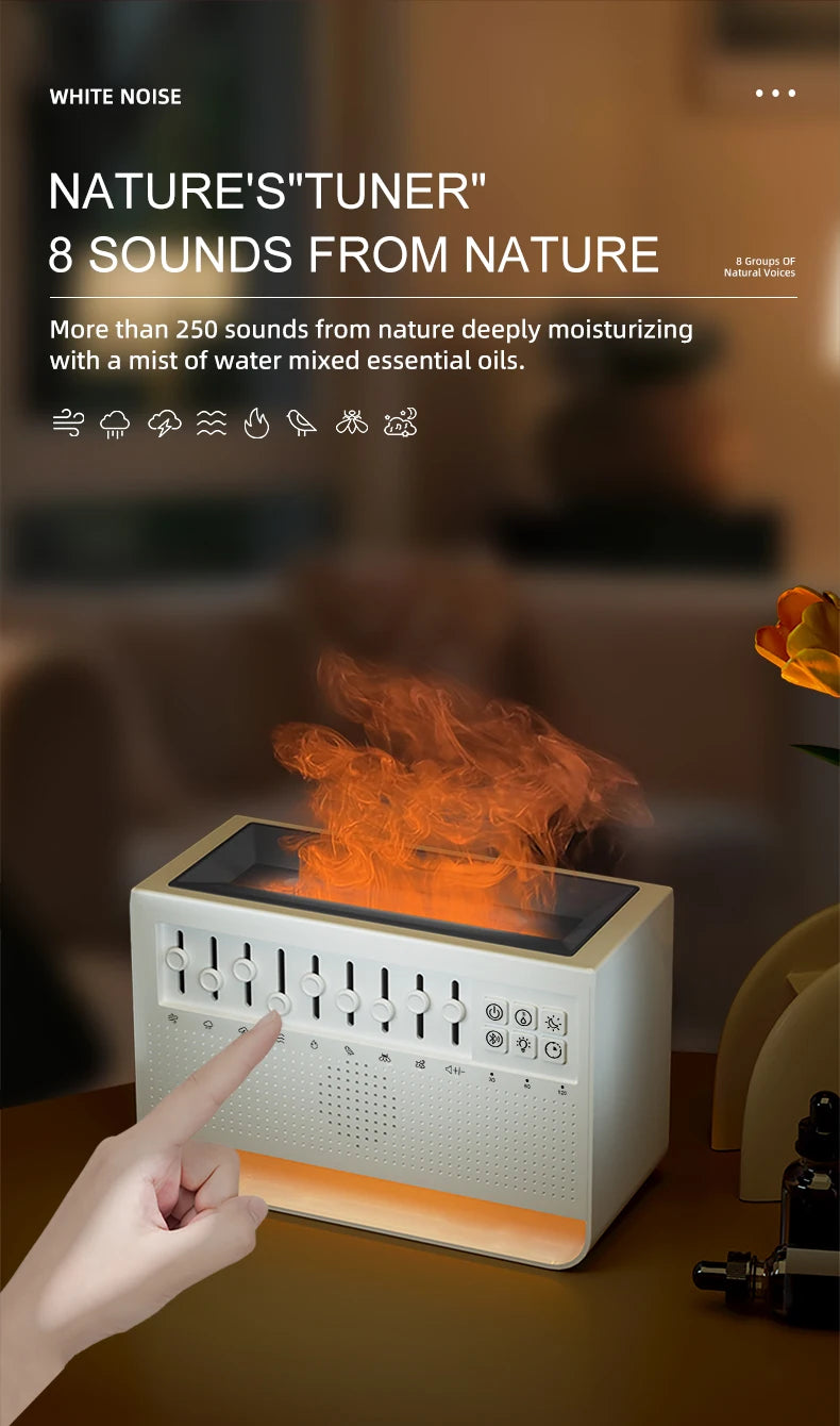 3-in-1 Diffuser with Flame, White Noise and Bluetooth – Ideal for Nighttime Rest