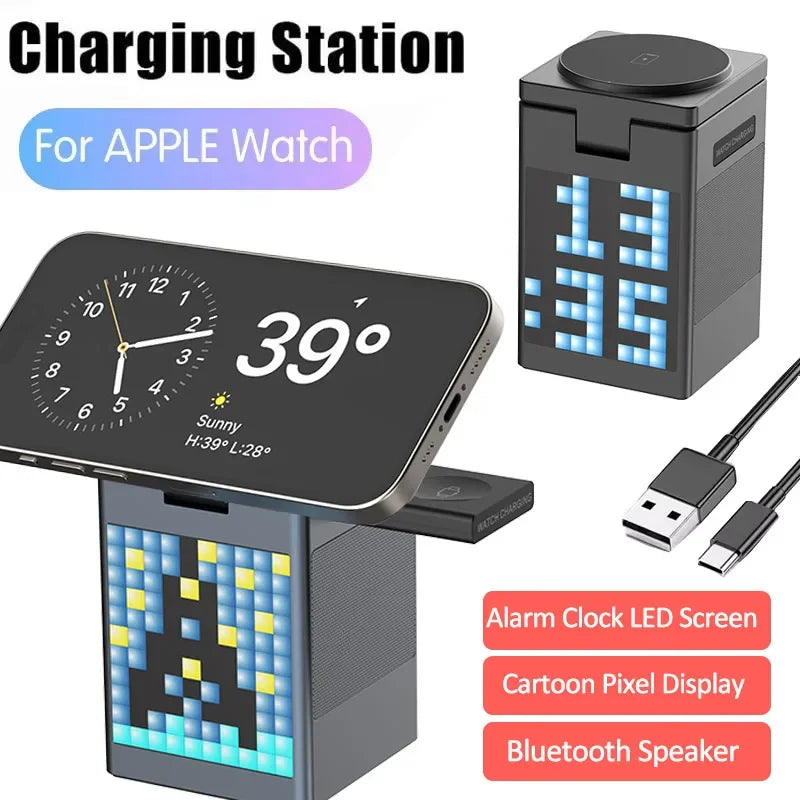 6-in-1 Wireless Charging Station with Bluetooth Speaker, Alarm Clock, and Stand for iPhone, Apple Watch, and AirPods | Compatible with MagSafe