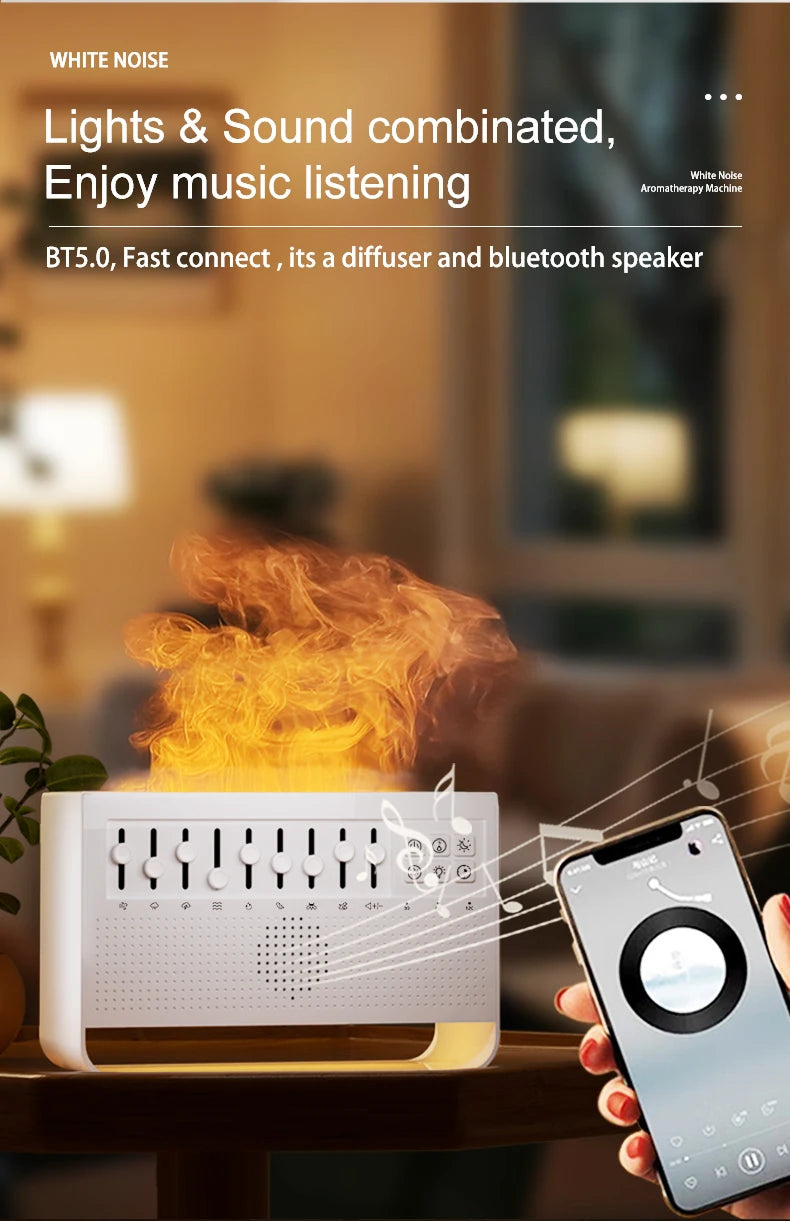 3-in-1 Diffuser with Flame, White Noise and Bluetooth – Ideal for Nighttime Rest